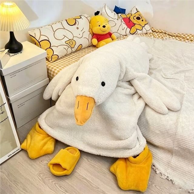 Wearable Blanket Hoodie With Slippers Oversized Flannel Bird Onesie For Adults Funny Loungewear Footwear Set