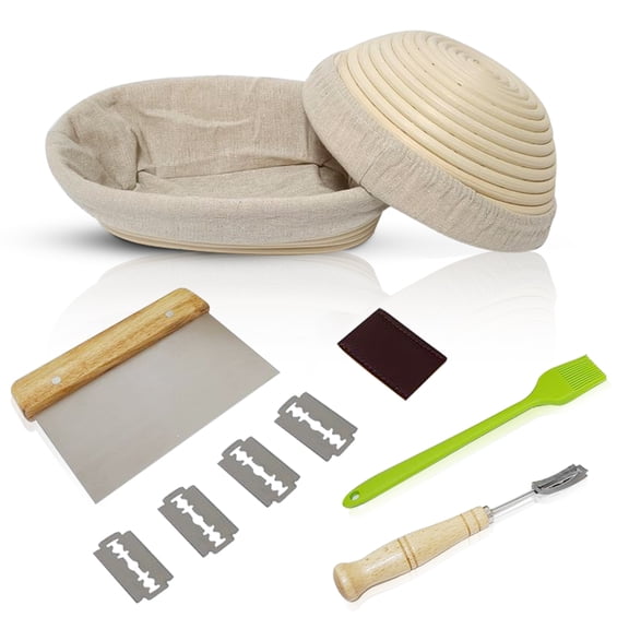 Bread Banneton Proofing Basket with Bread Lame Dough Scraper Linen Liner Basting Brush for Bread Making Baking Fermentation 9" Round & 10" Oval 2 Pack