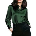 thumbnail image 2 of ClodeEU Women's Satin V Neck Long Sleeve Button Down Blouse,Casual Loose Fit Office Shirt Top Green,Women's Plus XL, 2 of 5