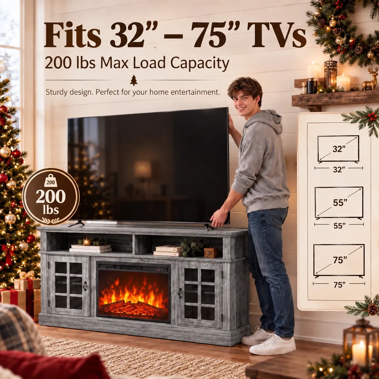 CHITOOMA TV Stand for 75" TVs with Electric Fireplace photo 4