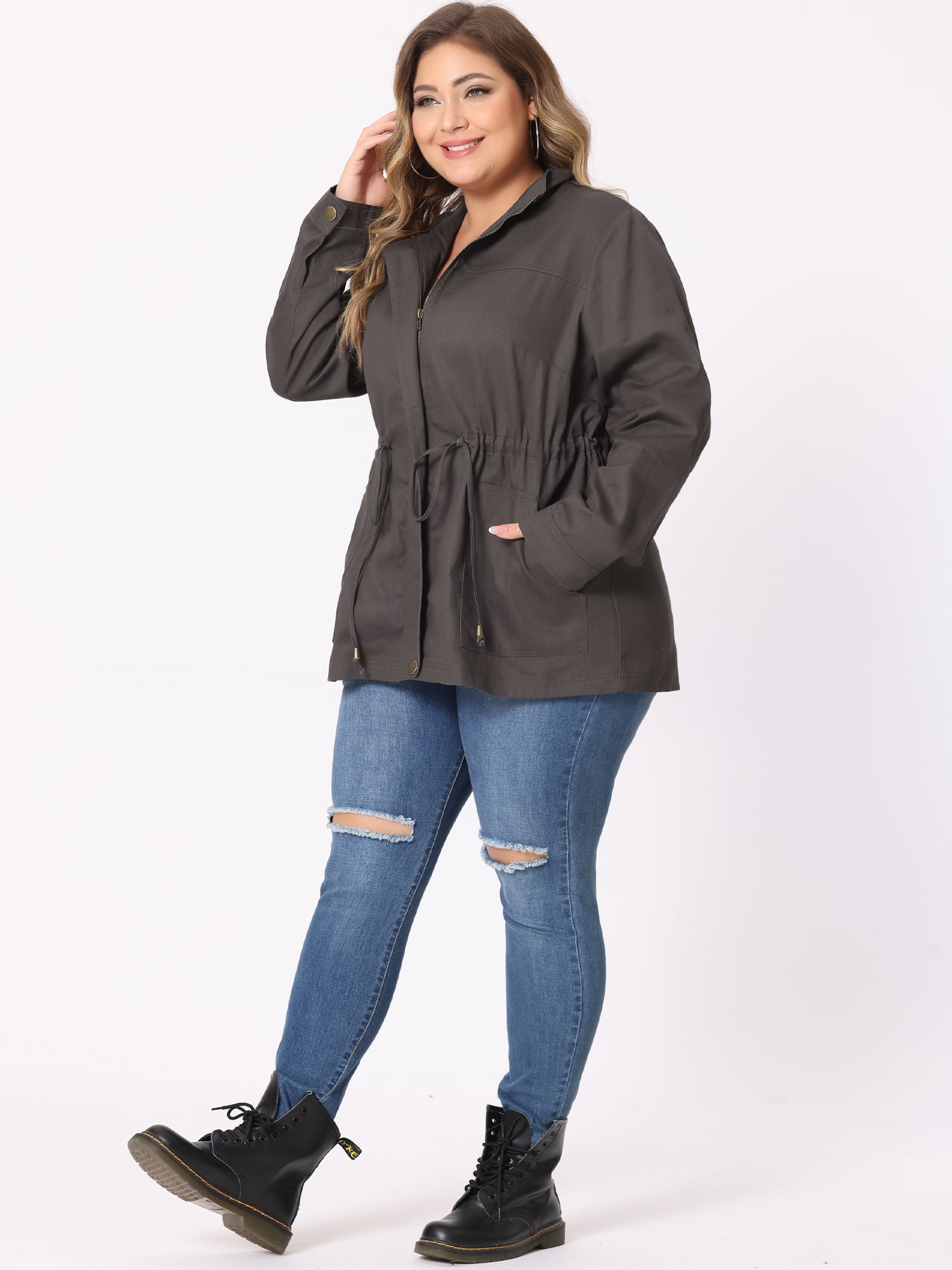 DARING DIVA Women's Plus Size Drawstring Waist Zip-up Utility Jacket 6X Grey
