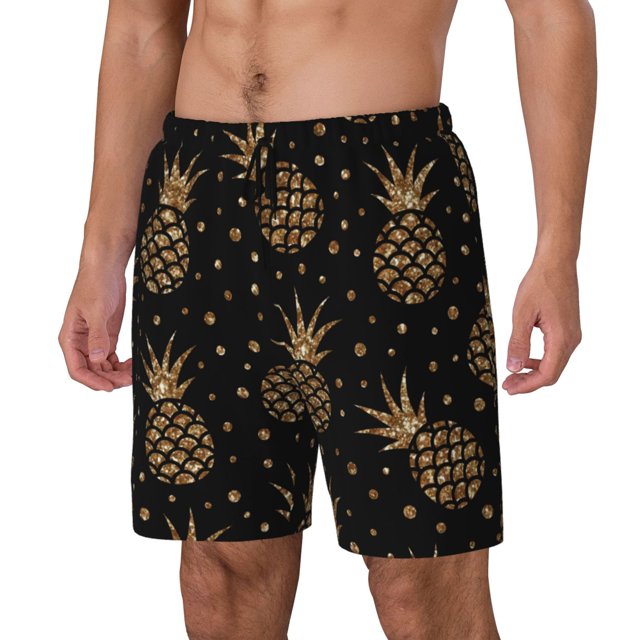 Fotbe Gold Glitter Pineapples Traje de Baño para Hombre – Shorts de Natación de Secado Rápido con Forro y Bolsillos-Large