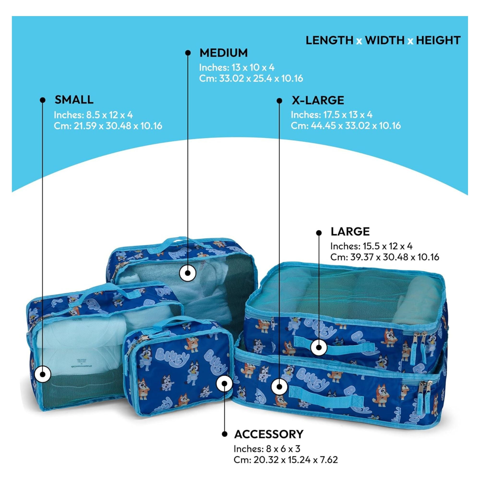 Bluey Bingo Packing Cubes, 5 Piece Set Travel Essential Packing Case Blue for Kids & adult