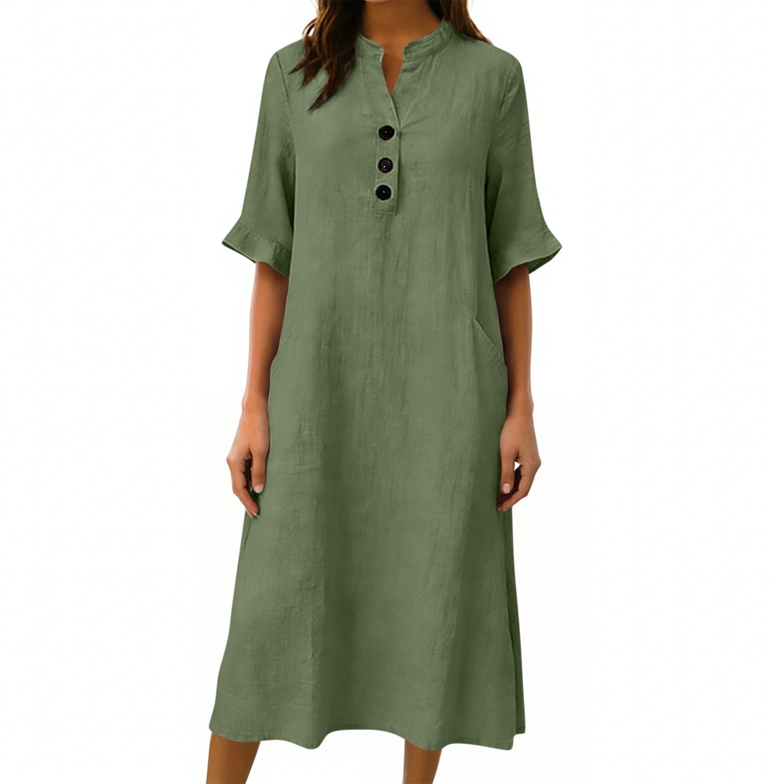 3/4 Sleeve Linen Midi Dress for Women Summer Loose Button Up Stand Collar A-Line Beach Vacation Dresses with Pockets