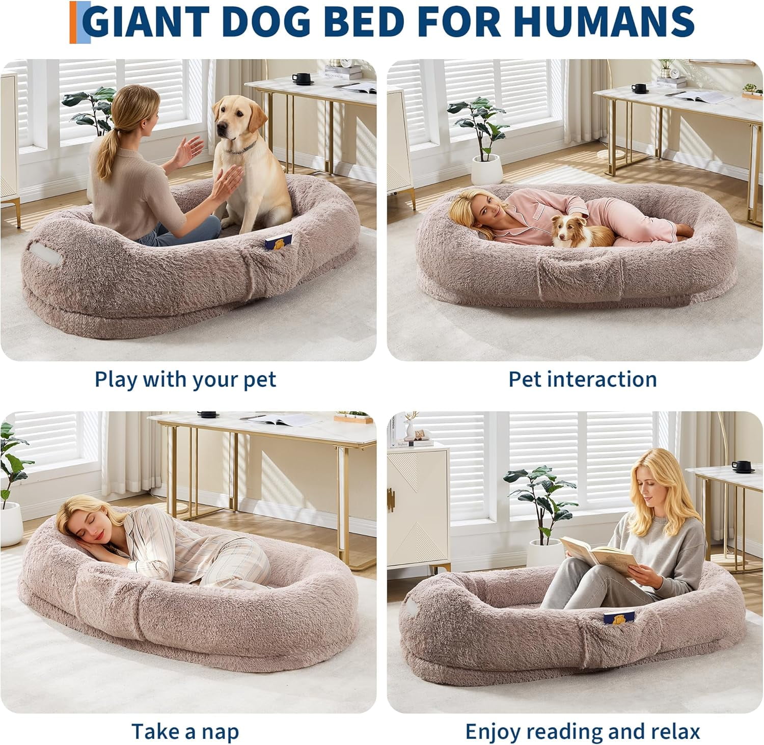 Rugerasy 65 Inch Large Gaint Shared Bed for People Pets,Human Dog Bed for Adult,Washable Faux Fur Removable Nap Bed Bean Bag with Handle Side Pocket,Brown