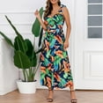 thumbnail image 4 of Wycnly Dresses for Women Beach Vacation Elastic Waist Pleated Swing Tank Maxi Sunderss Sleeveless V-Neck Leaves Print Summer Long Formal Dress Blue XXL, 4 of 7