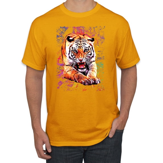 Wild Bobby, Tiger Growling Colorful Trippy Tie Dye Animal Lover Men's Graphic T-Shirt, Gold, Small
