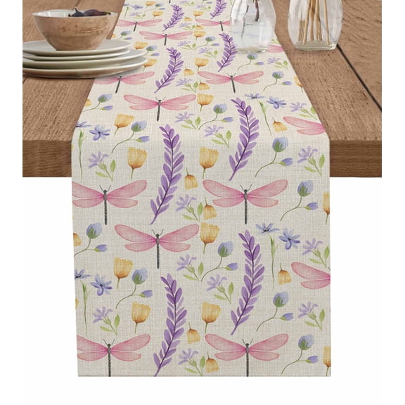 Hokiten Table Runners 36 Inches Long Dress Scarves, Purple Floral Farmhouse Kitchen/Dining Table Runner, Short Coffee Tablerunners, Pastoral Dragonfly Retro Plants 13x36 Inch