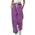 thumbnail image 2 of SYMOID Womens Purple High Waisted Striped Drawstring Pants - Loose Fit Tapered Ankles Poly Cotton Blend,Size M, 2 of 5