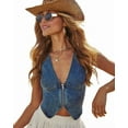 thumbnail image 3 of Women'S Denim Zip Up Vest Deep V Neck Sleeveless Asymmetrical Hem Slim Fit Summer Crop Jean Tank Tops Denim Blue M, 3 of 9