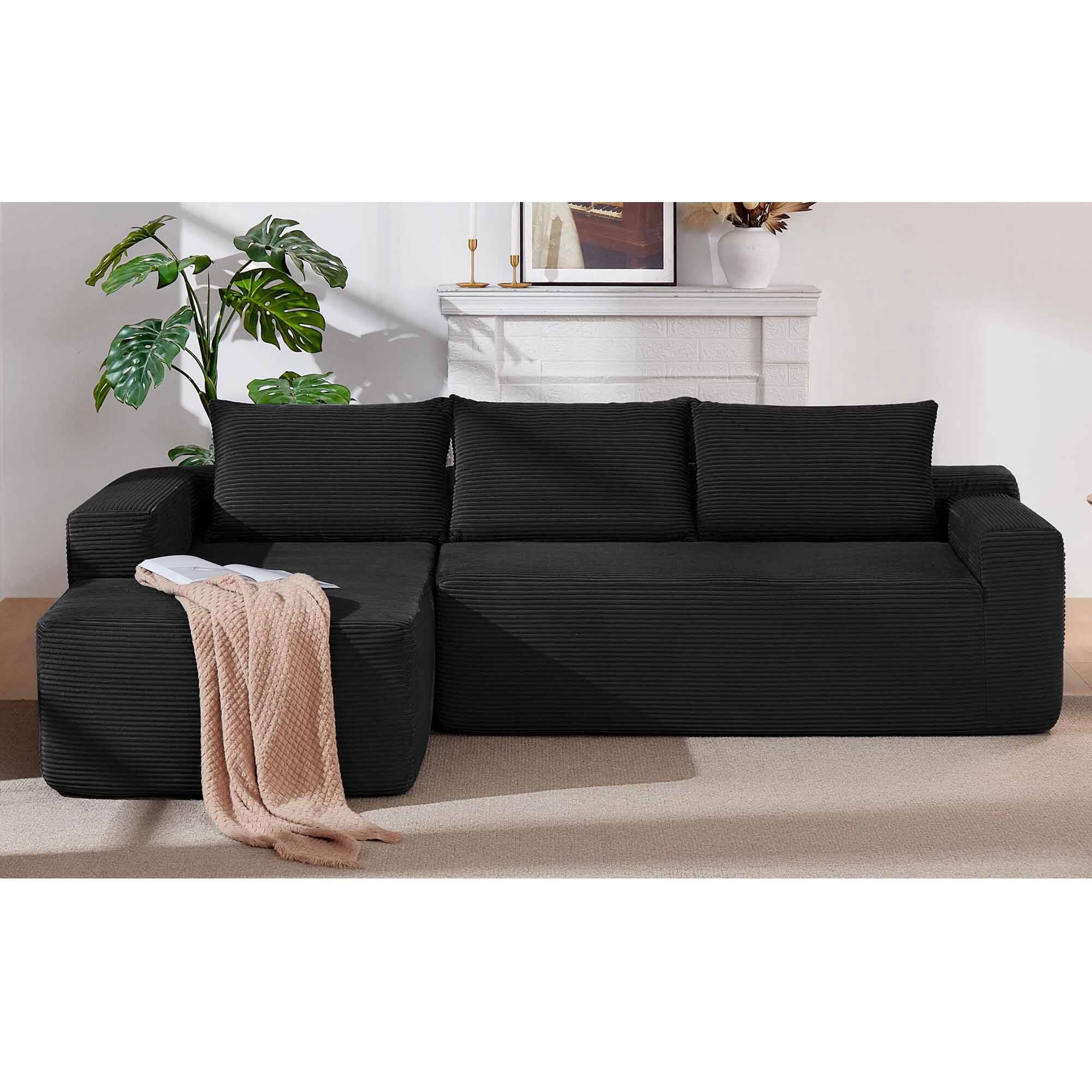 Lunale L-Shaped Modular Sectional Sofa with Movable Chaise, 3-Seater Boneless Cloud Couch for Living Room, Black(Left Facing Chaise)