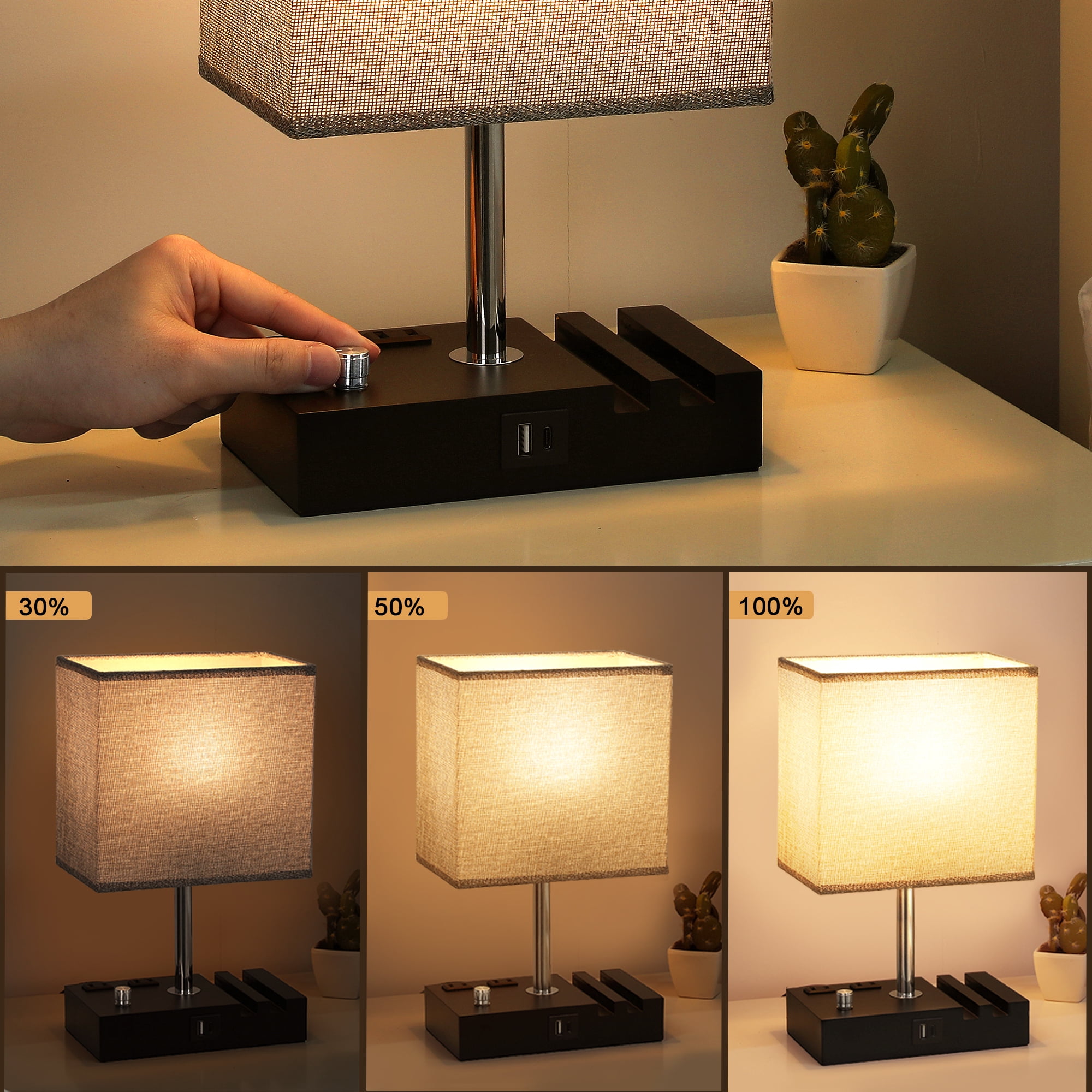 NiteLoom 16.3" Bedside Table Lamp with USB A+C Ports & 2 AC Outlets, Dimmable Nightstand Light for Bedroom, Living Room, Dorm, Office