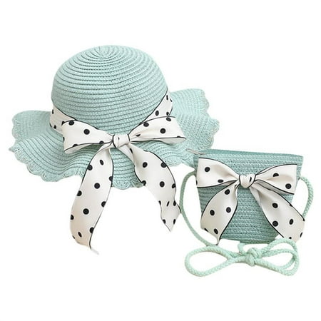 

Biekopu Kids Girl Bowler Straw Hat Wide Brim Bowknot Beach Sun Caps and Crossbody Bag for Toddler Summer Seaside Travel Outdoor