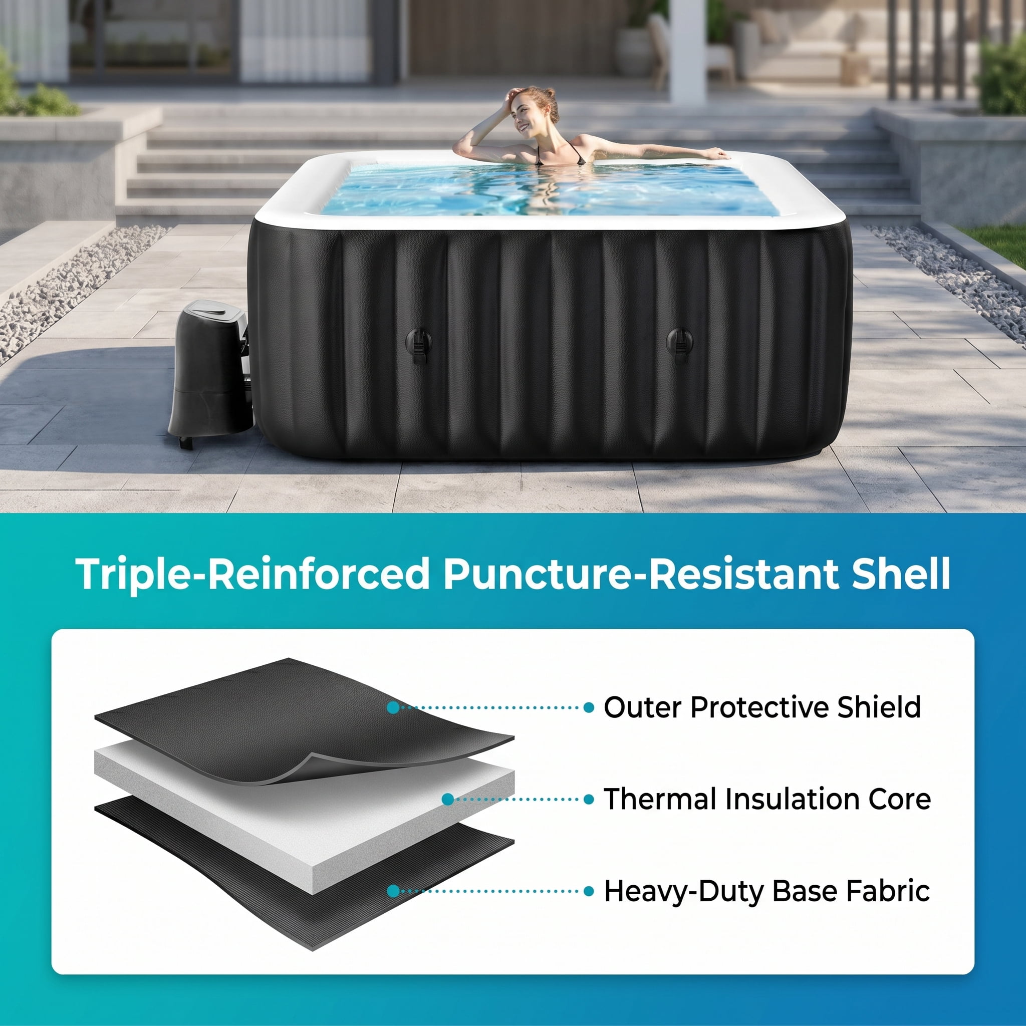 Ficisog Air Jet Inflatable Hot Tub for 2-4 Person, Portable Outdoor Blow Up Tub with Heater Pump and Insulated Cover, Square Family SPA Hot Tub, 185 Gallons, 110 Soothing Jets, 60" L X 60" W X 25" H