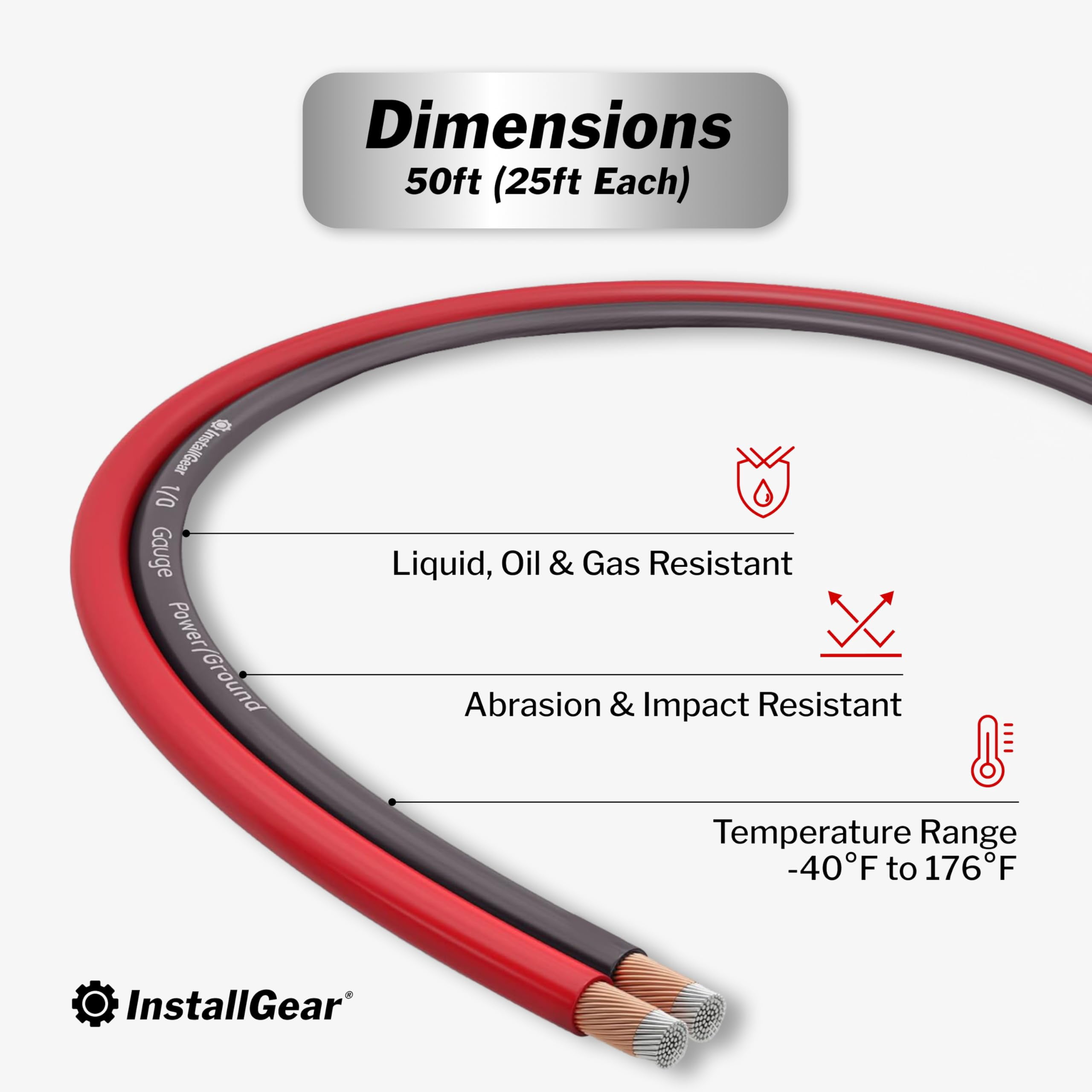 InstallGear 1/0 Gauge Wire (50ft) Copper Clad Aluminum CCA - Battery Cables, Car Amplifier Power and Ground Wire - Automotive, Car Audio Speaker Stereo, RV Trailer, Welding Cable, Primary Wiring