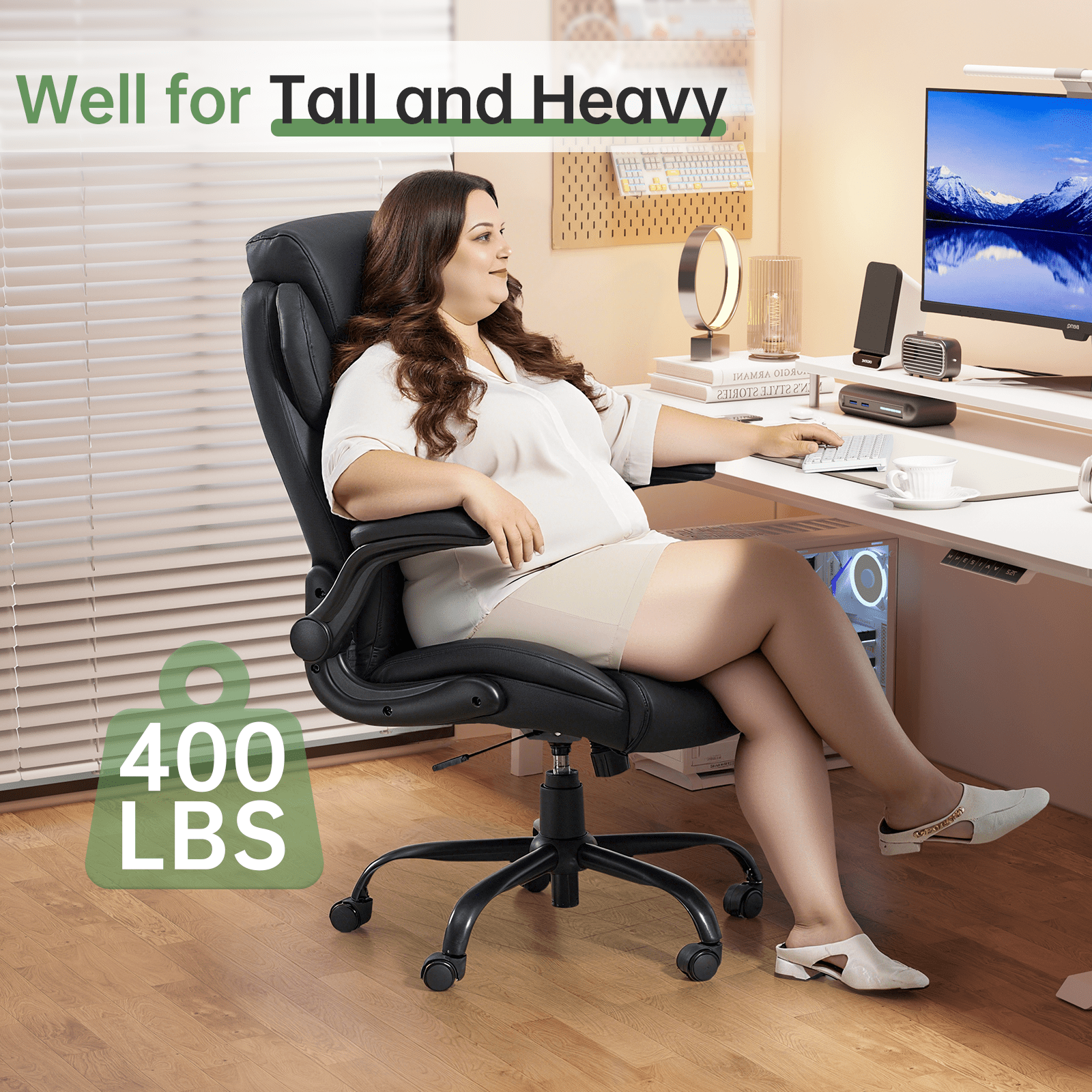 Big and Tall Office Chair 400LBS, Heavy Duty High Back Executive Ergonomic PU Leather Desk Chair, Adjustable Height 360° Swivel Rolling Wheels Computer Chair for Home Office Work