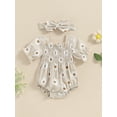thumbnail image 5 of Aojekbee Baby Girl 2Pcs Summer Outfits Short Sleeve Daisy Print Smocked Romper with Headband Set Newborn Clothes, 5 of 10