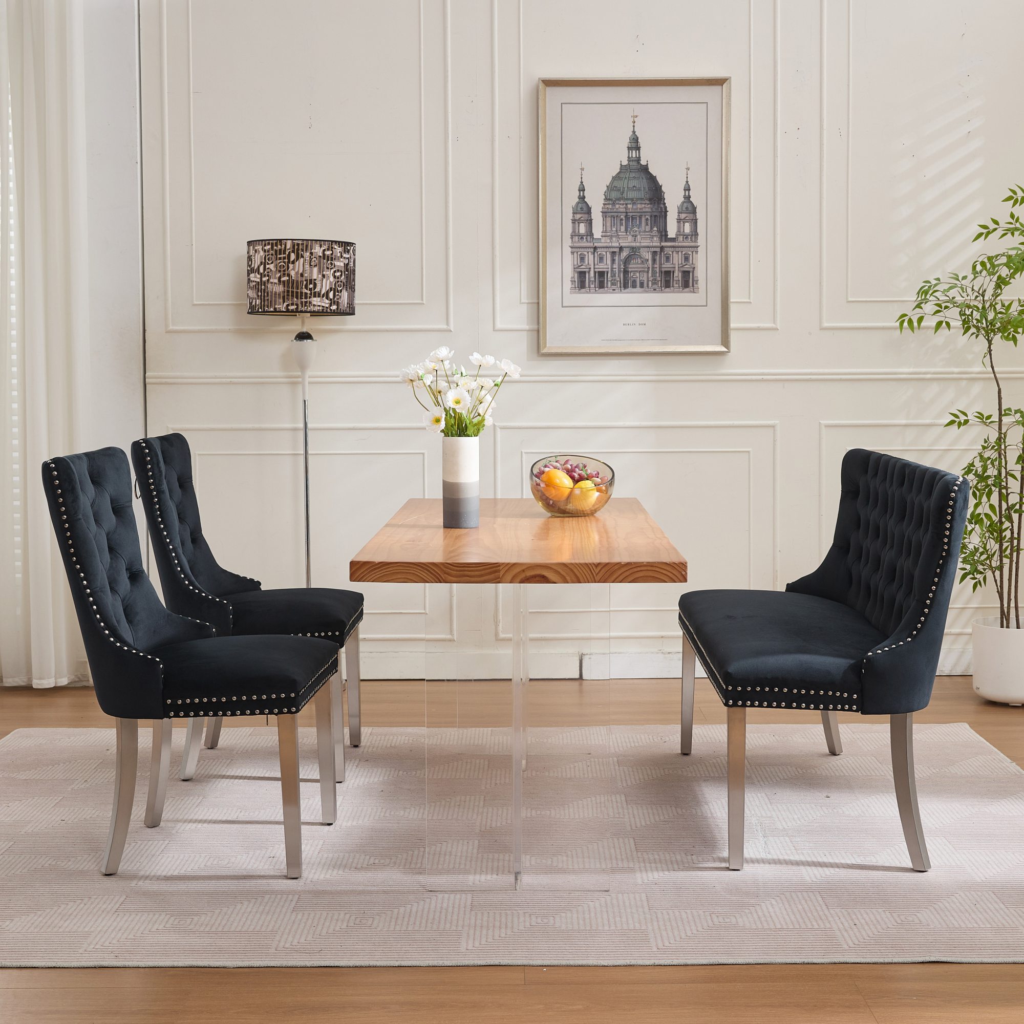 MAYEERTY Velvet Dining Loveseat Bench - 2-Seat, Tufted, Handmade Buttons, Wing Back, Brushed Silver Legs, Mid-Century Modern, Black, Single Pack