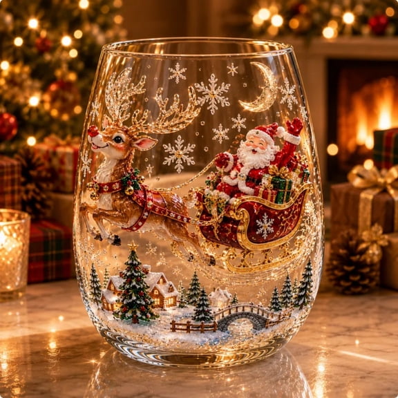 Lypsnake 3D Christmas Glass Art Cup,Embossed Santa Claus & Reindeer Stemless Clear Glass Cup,Hand Painted Holiday Wine Tumbler for Tabletop Home Party Decoration