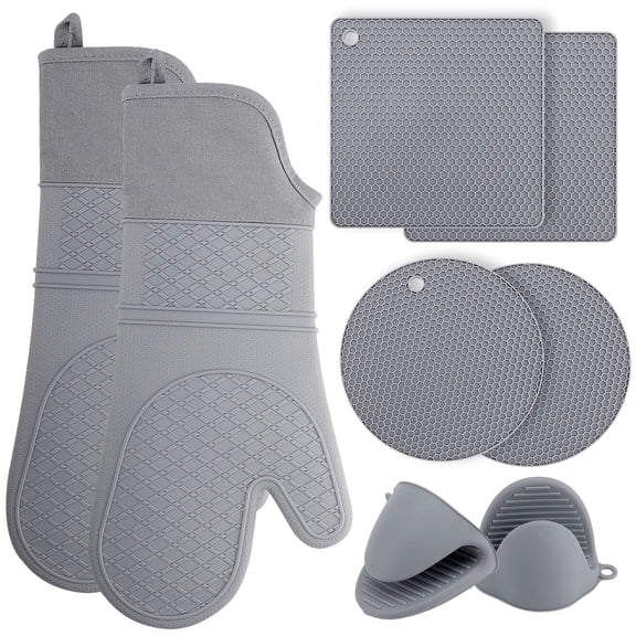 ESIYTGOP 8 Pcs Silicone Oven Mitts and Pot Holders Set, Extra Long Heat Resistant Baking Gloves with Mini Hot Pads for Kitchen Cooking, Grey