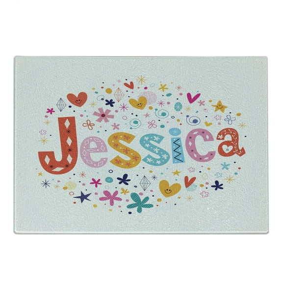 Jessica Cutting Board, Retro Colorful Motifs Swirls Chevron Zigzags and Happy Hearts Ornate Backdrop, Decorative Tempered Glass Cutting and Serving Board, Small Size, Multicolor, by Ambesonne