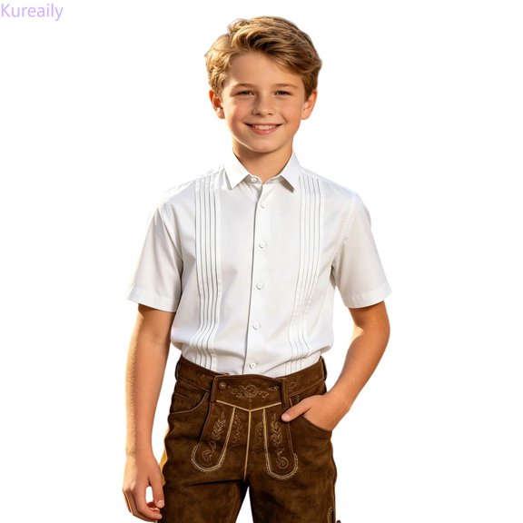 Kureaily Kids Festive Shirt With Pleated Short Sleeves And Notched Collar For Boys Button Front Top Celebrati on Events Daily ,kids uniform button topSize 4-5 Years ,White