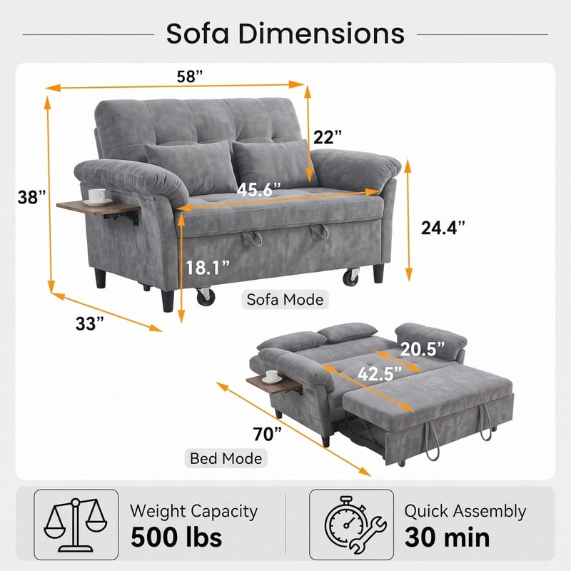 Gewnee 58" Convertible Sofa Bed, Loveseat Sleeper Sofa with USB Ports, Side Table& 6-in-1 Adjustable Backrest, Pull Out Sofa with Pillows for Small Spaces,Chenille(Gray)