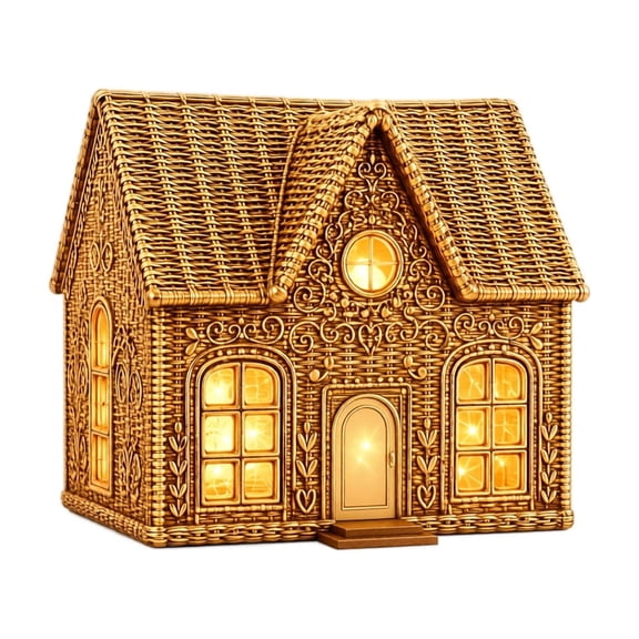 Lighted Gingerbread Christmas Decor, 6.3 Inch Golden Miniature House for Indoor Tabletop Holiday Display, Gold Accent Christmas Ornament