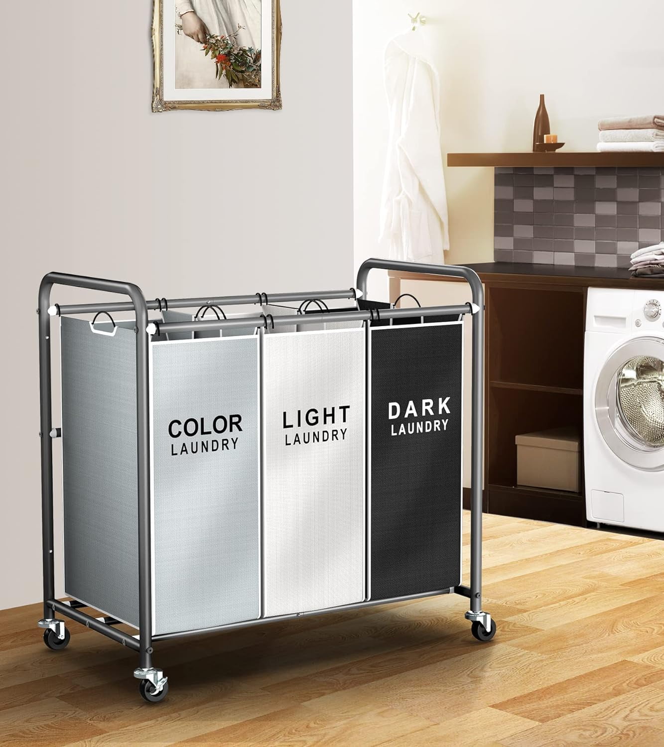 Laundry Sorter 3 Section, Separated Laundry Basket with Wheels, Rolling Laundry Hamper Cart with Large Capacity and Removable Bags, Divided Clothes Hamper for Family Laundry, Multicolor