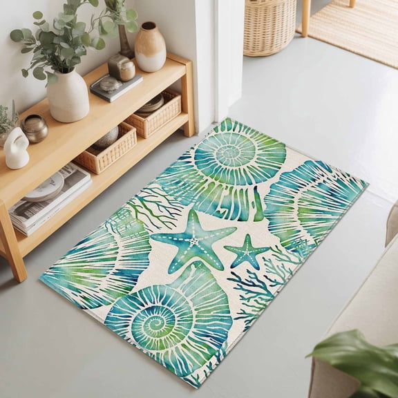 2x3 Ft Entryway Area Rug, Teal Green Coastal Kitchen Rug Runner Washable Floor Mat, Summer Beach Nautical Starfish Shell Coral Non Slip Indoor Door Mat Throw Carpet for Bathroom Living Room Bedroom