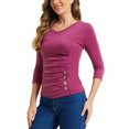 thumbnail image 4 of INSPIRE CHIC Women's Ruched Blouse Button Decor V Neck 3/4 Sleeve Solid Knit Top XS Grape Purple, 4 of 6