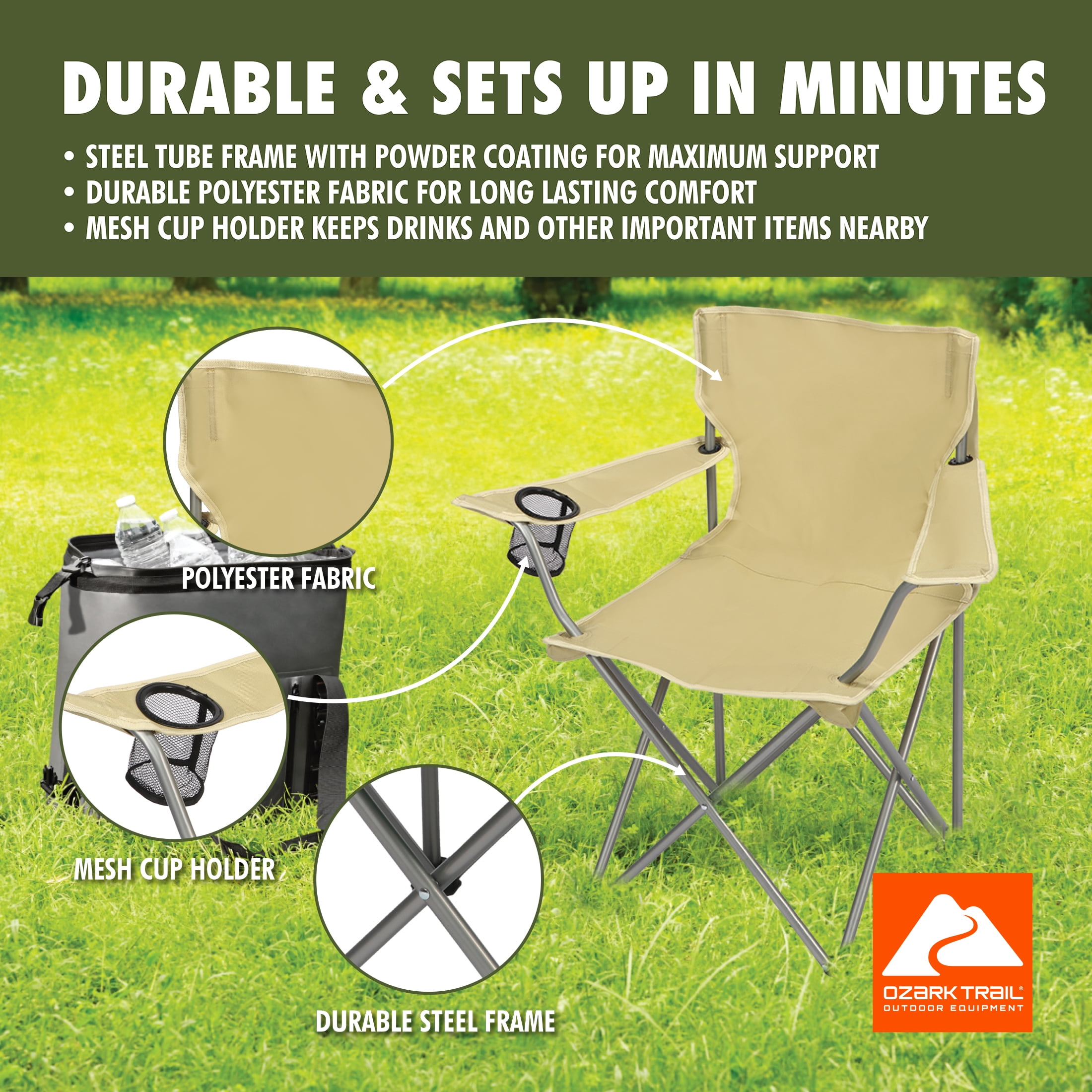 Ozark Trail Quad Folding Camp Chair with Cup Holder, Gold