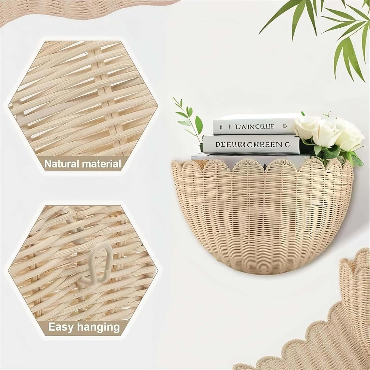Scalloped Wall Basket,Hand Woven Hanging Wicker Wall Baskets Set,  Scalloped Rattan Wall Basket Decor for Home,Bathroom,Living Room Organizing, 1pcs, 16 x 10 x 7 Inch