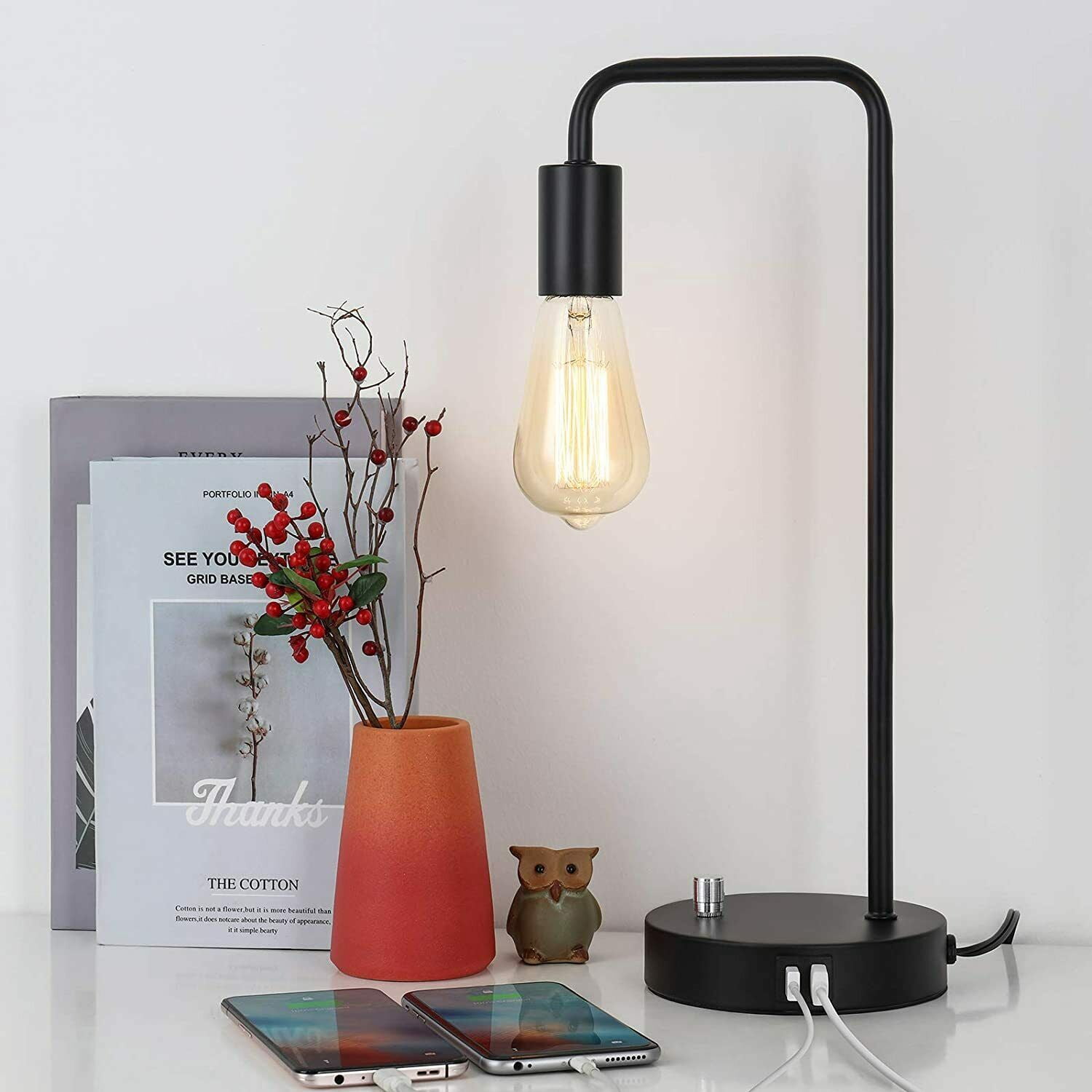 Industrial Bedside Table Lamp with 2 USB Charging Ports, Black