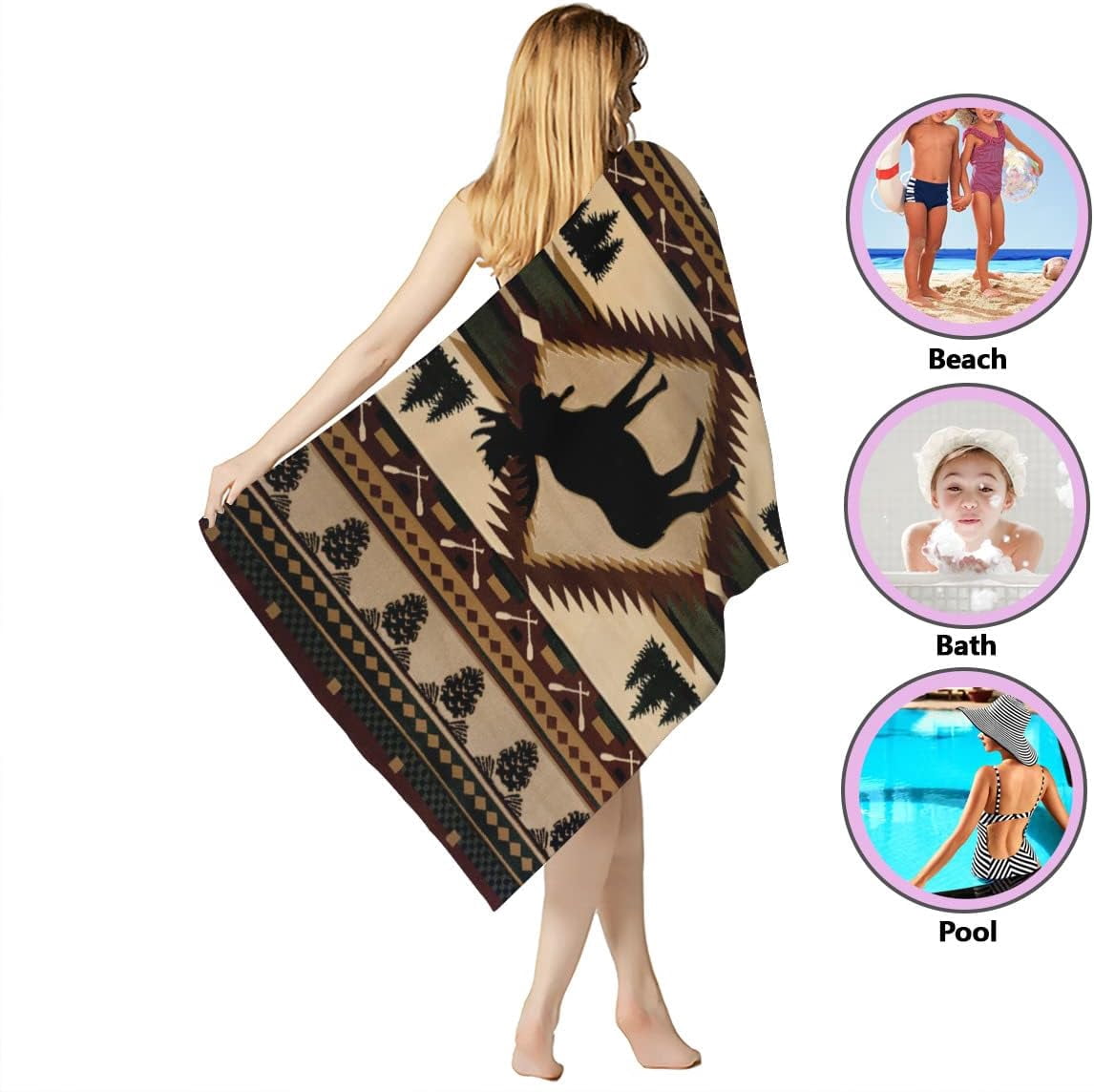 Retro Rustic Beach Towel, Moose Deer Bear Leaf Tree Country Style Farmhouse Microfiber Ultra Soft Quick Dry Highly Absorbent Bath Towels for Beach Party Outdoor Travel Swim Pool Yoga 33x52 Inch