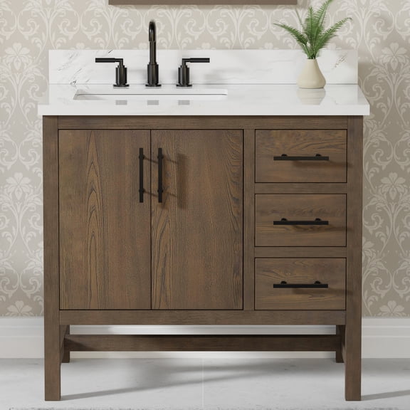 Solon 36" Single Bathroom Vanity, 37" W x 22" D x 34.5" H, Calacatta Sintered Stone Top with Sink & Backsplash, Dark Brown, Solid Wood, Pre-Assembled, 2 Doors, 3 Drawers. Adjustable Feet