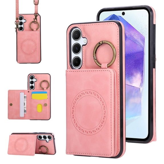 Allytechgroup Wallet Case for Samsung Galaxy A16 5G, Magnetic Cover with Crossbody Shoulder Strap & Ring Holder Kickstand Cards Slots Compatible with Car Mount Stylish Phone Case Shell, Pink