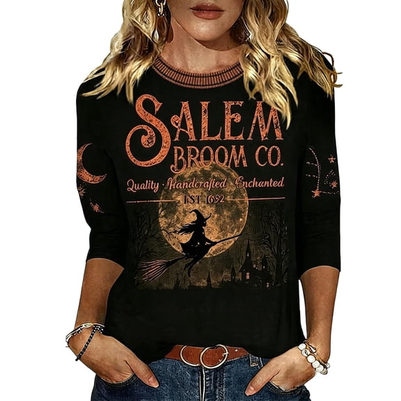 Halloween Shirts for Women Salem Broom Company Printed T-Shirt 3/4 Sleeve Halloween Witch Tee Halloween Clothes Vintage Festival Tops Casual Crewneck Pullover S
