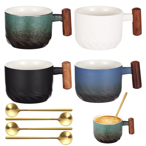 4 PCS Ceramic Espresso Cups, Vintage Ceramic Cups with Spoons, 4.4oz Espresso Cup with Wooden Handle, Exquisite Demitasse Cup, Mini Coffee Mug for Latte, Cappuccino, Tea, Beverage