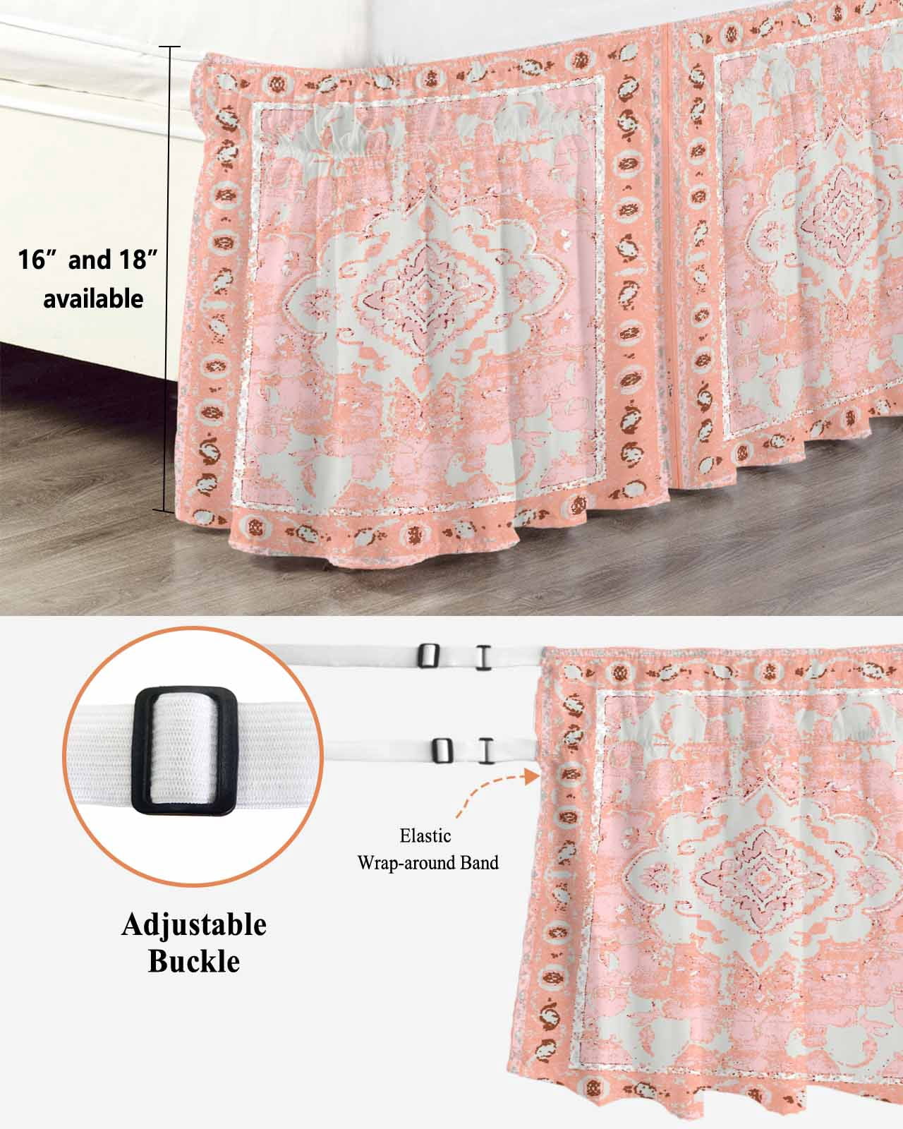 Pink Boho Wrap Around Bed Skirts for Queen Bed 16" Drop,Bed Skirt with Adjustable Elastic Belt Dust Ruffle Bed Valance for Bedroom Hotel Vintage Abstract Tribal Decorative Oriental Bed Frame Cover