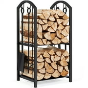 SmileMart 2 Layer Metal Firewood Log Rack Equipped with Hooks Hearth Accessories Kit