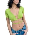 thumbnail image 2 of Women Summer Crop Tops, Short Sleeve Solid Color Tie Up Waist Elastic Shirt for Female, 2 of 9