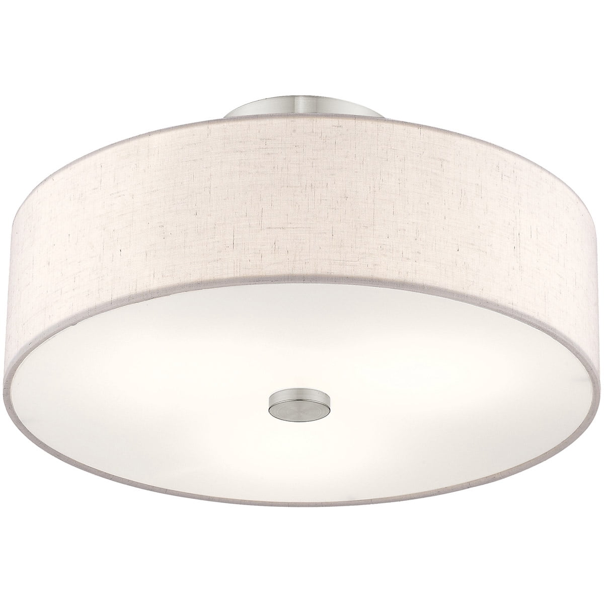 3 Light Brushed Nickel Ceiling Light fixture with Hand Crafted Oatmeal Color Fabric Hardback Shade