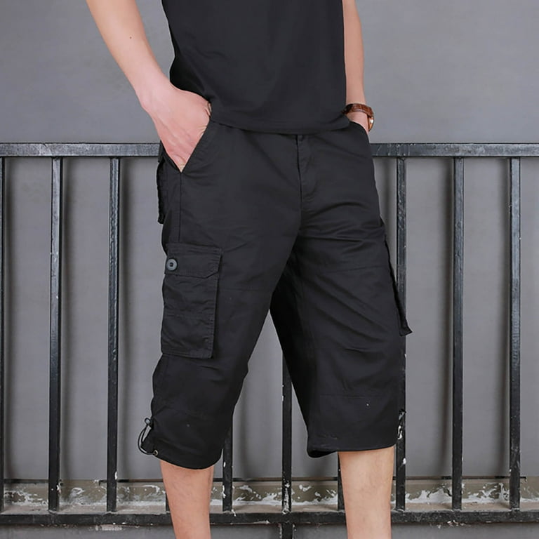 Solid Cargo Capri Pants for Men Loose Fit Casual Capris Cotton
