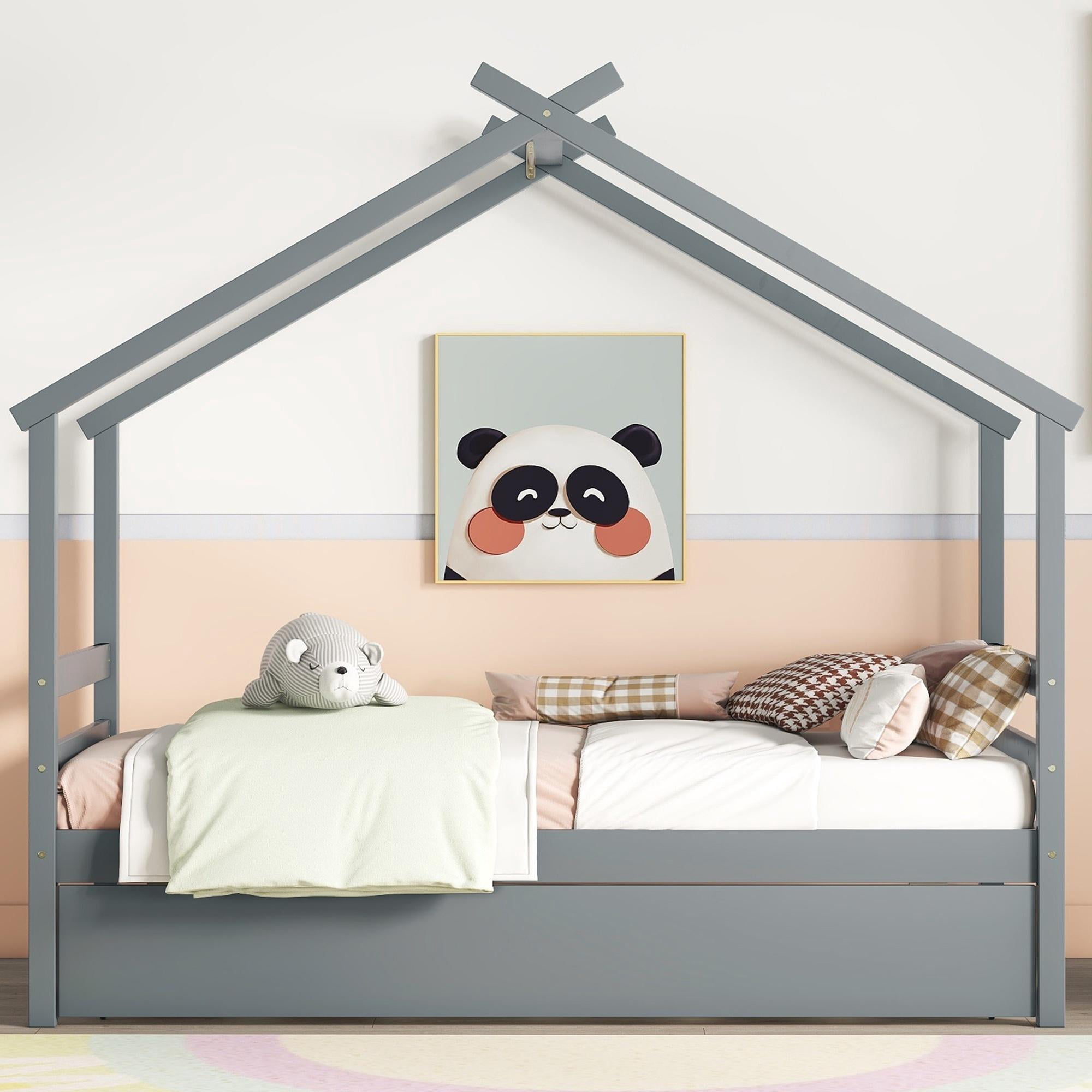 Bellemave House Bed with Trundle, Solid Wood Twin Size Playhouse Platform Bed with Roof, House Shaped Daybed for Teens (Gray)