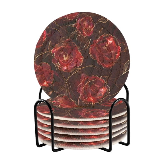 Red Roses 6 Pcs Drink Coasters with Holder Absorbent Coasters Woven Coasters for Drinks Table Desk Protection Home Decor