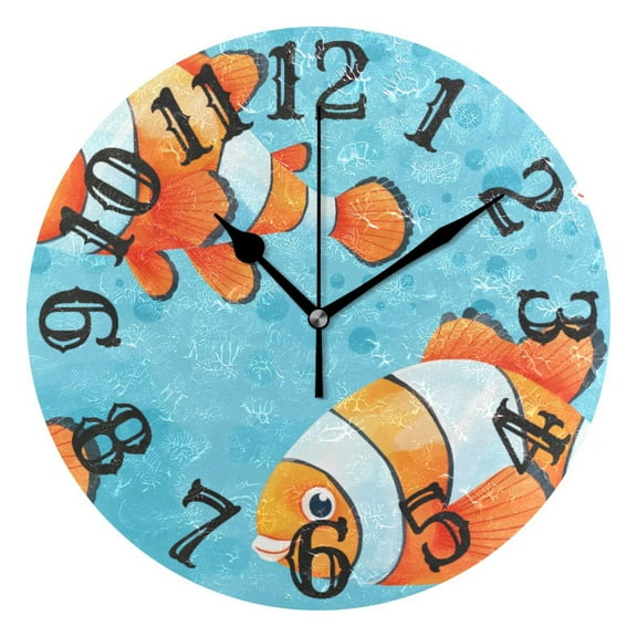 Clownfish Fish 10 inch Wall Clocks Non Ticking Easy to Read Battery Decorative for Home Bathroom Kitchen Bedroom Living Room