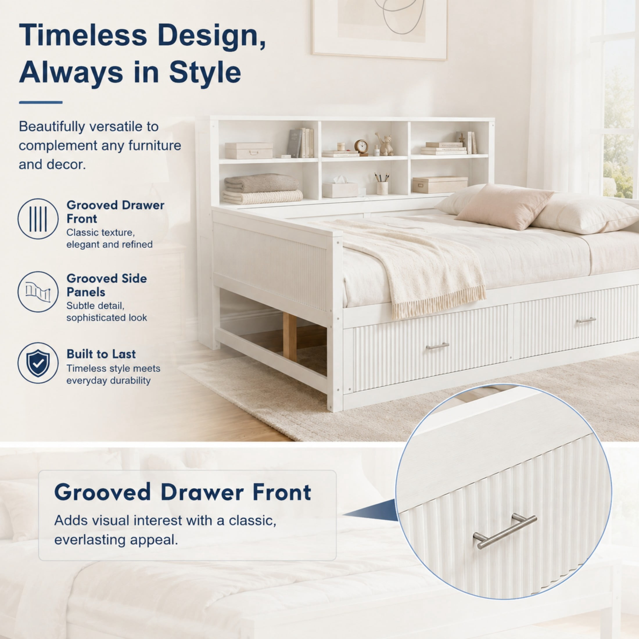 GDF Studio Josha Full-Size Wooden Daybed with Bookcase Headboard, Storage Drawers & Built-In Charging Station, White