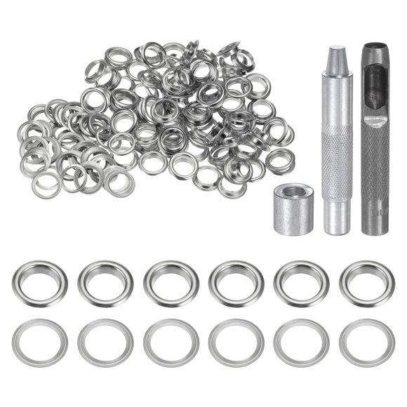 Unique Bargains 100pcs Grommet Tool Kit 10mm Grommet Eyelet Set with Hole Hollow Punch, Grommet Setter Tools, Silver Tone