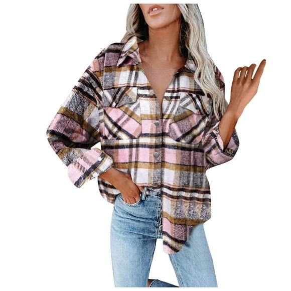 DondPO Jackets For Women Women's Brushed Plaid Shirts Long Sleeve Flannel Lapel Button Down Pocketed Jacket Fashion Causal Coats Plaid Shirts For Women Flannel Jacket Women Pink 2XL Clearance!